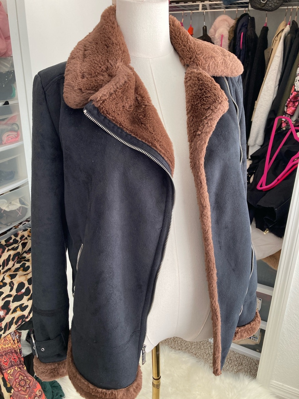 Hollister Black Suede-Look Teddy Jacket with Brown Shearling